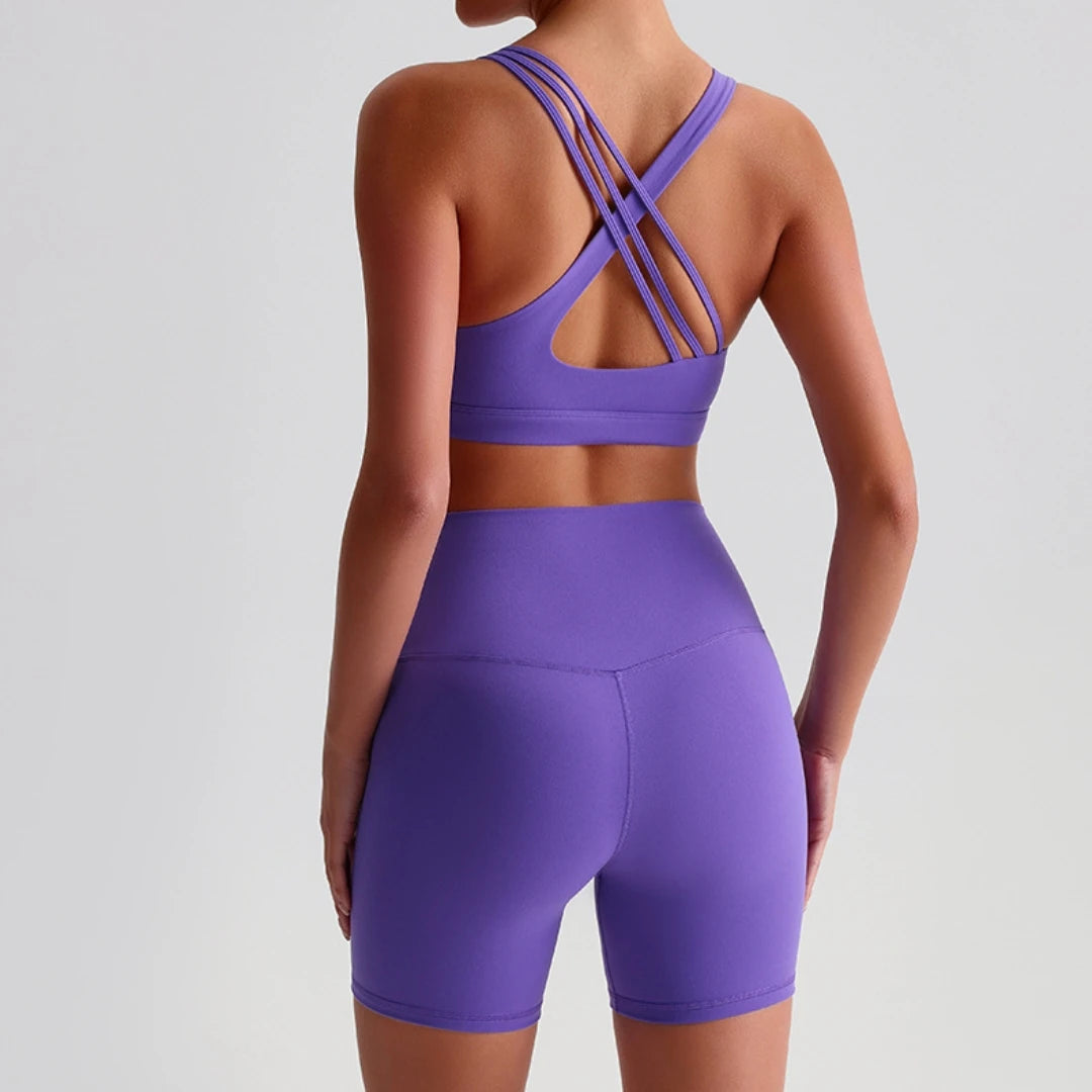Einfarbiger High Waist Gym Yoga Shorts Leggings Set Eng anliegend Damen Kreuz Rücken Hoher Halt Schultergurt Fitness BH Top Sportbekleidung Hauptbild