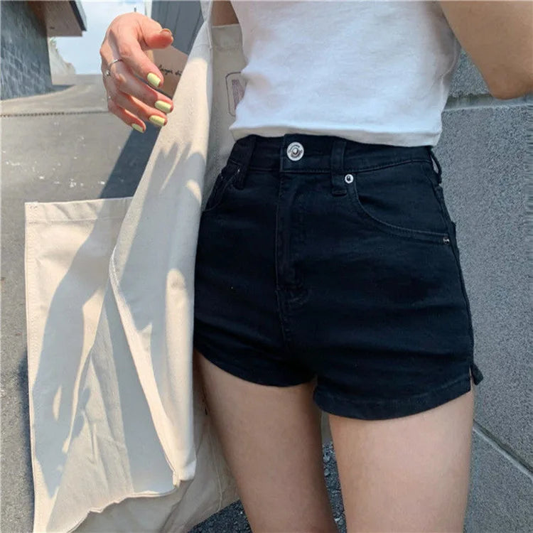 Damen-Denim-Shorts Lässige High-Waist-Shorts Retro-Waschung Button-Fly Sexy Hot Pants Eng anliegende Sommershorts