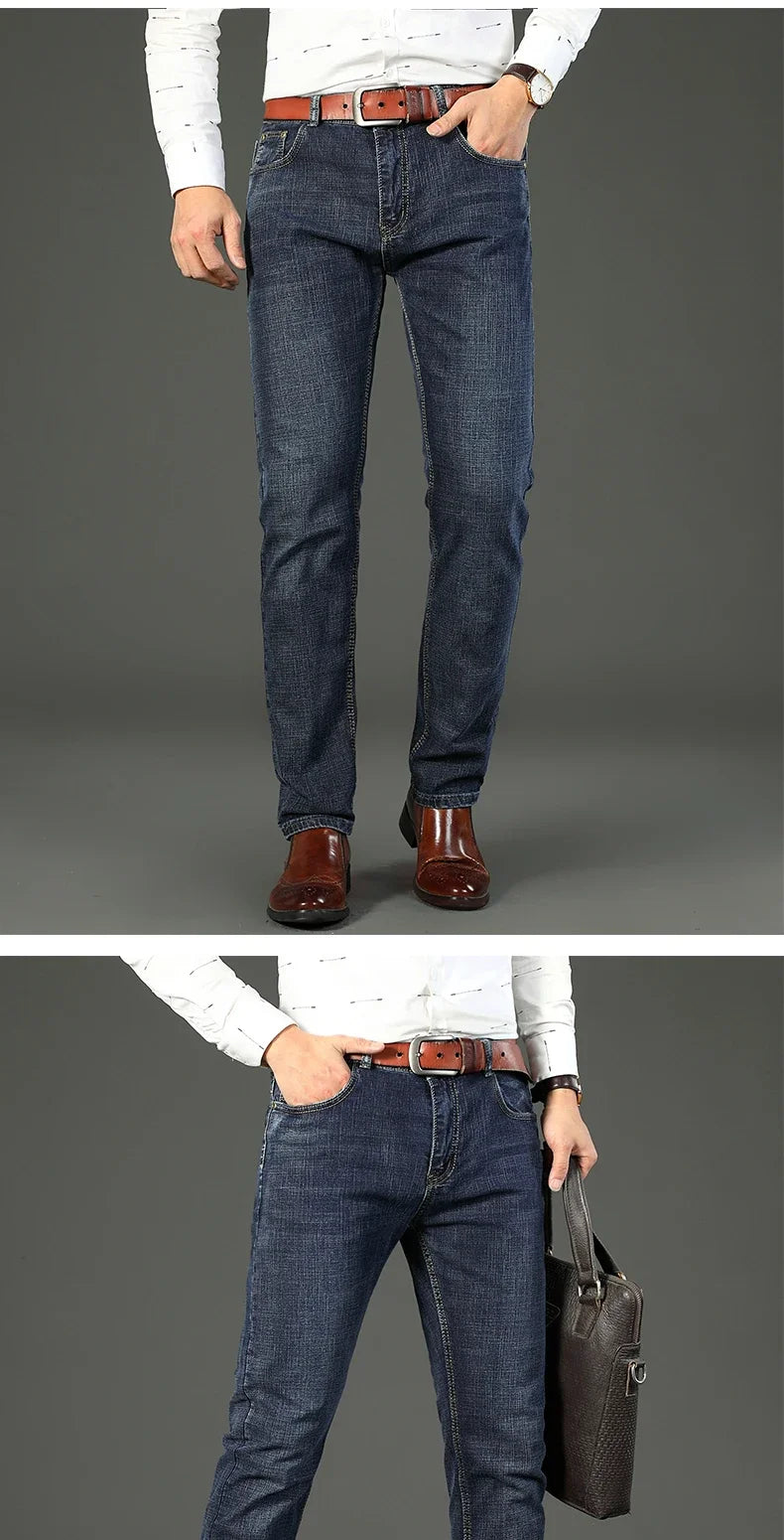2024 Gerade, normale blaue Stretch-Jeans Frühling Herbst Herren Klassische Jeans Business Fashion Smart Jeans für Herren