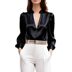 Neue Satinbluse für Damen V-Ausschnitt Langarm Französisches Oberteil Mode Pullover Weiß Einfache Büro Professionelle Damen Rosa Blusen
