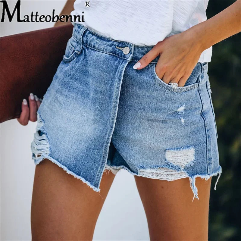 2024 Sommer neue Damen Ripped Repaired Denim Shorts Hohe Taille Bodycon Distressed Hole Bottoms Lässige Taschen Sexy Kurze Jeans