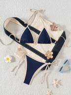 2026 Neu eingetroffen: Sexy Bikini-Set, zweiteiliger Damen-Badeanzug mit Color-Blocking-Rand, seitlicher Bindung und überkreuzten Rückendetails für Strand und Pool