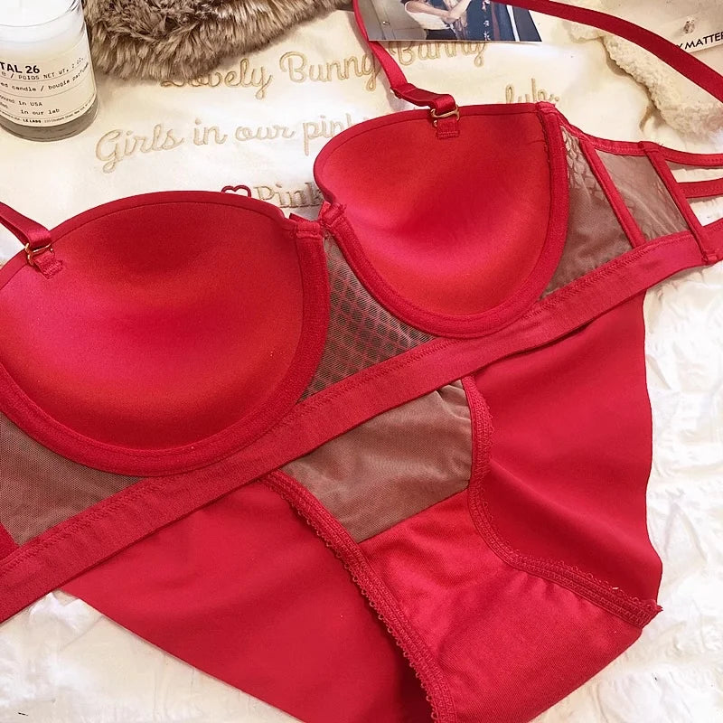 Mesh-Spitzenunterwäsche Damen Sexy kleiner Busen Push-Up-Dessous für Frauen BH-Sets Rot Weiß Hochzeitsmädchen Dicke Intimates BCD