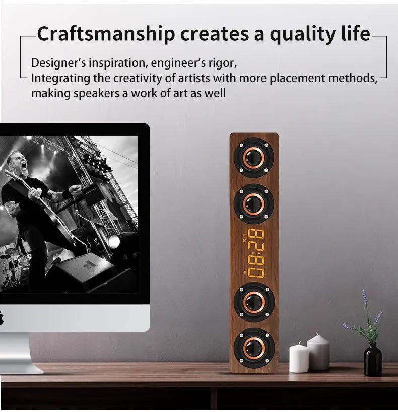 Domars Wireless Bluetooth 5.0 Speakers Wooden Alarm Clock Display Sound System Player with AUX TF FM Radio Subwoofer Box