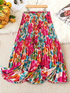 Frühling Sommer Damen Eleganter Blumenprint Langer Rock Freizeit Hochtailliert Party Schmaler A-Linien Faltenrock