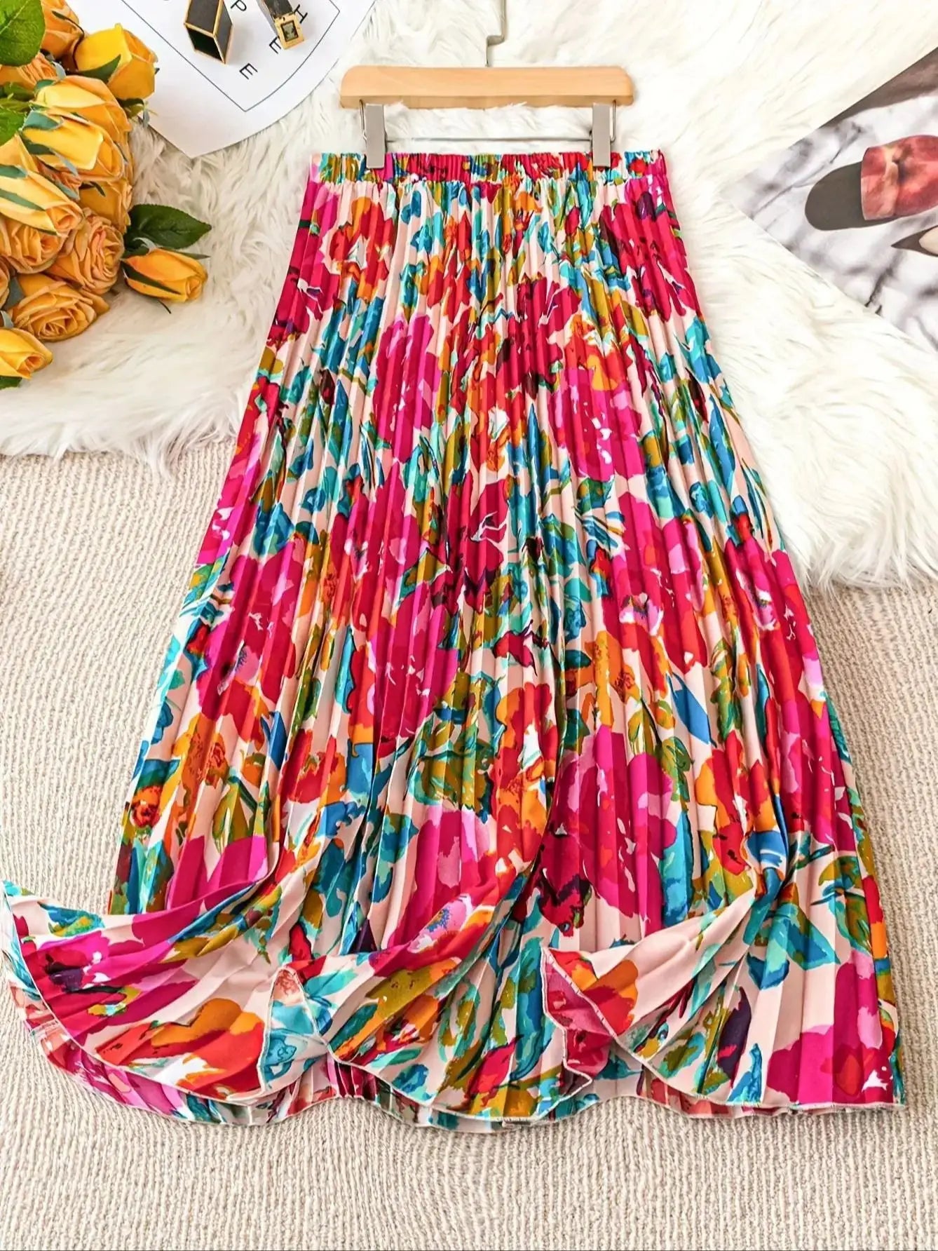 Frühling Sommer Damen Eleganter Blumenprint Langer Rock Freizeit Hochtailliert Party Schmaler A-Linien Faltenrock