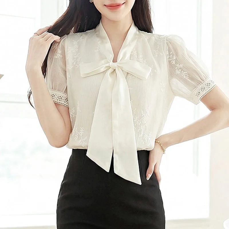 Blusen Hemden Damen Bluse Hemd Neu Sommer Schleifenkragen Stickerei Bluse Hemd Damen Oberteile Kurzarm Blusas Para Mujer Q4102 Hauptbild