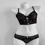 Französische Spitze Push-Up-Dessous-Set Frau dünner Bügel-BH, durchsichtige geraffte Chemise, weich, zierlich, kleine Oberweite S-XL Hot Sale