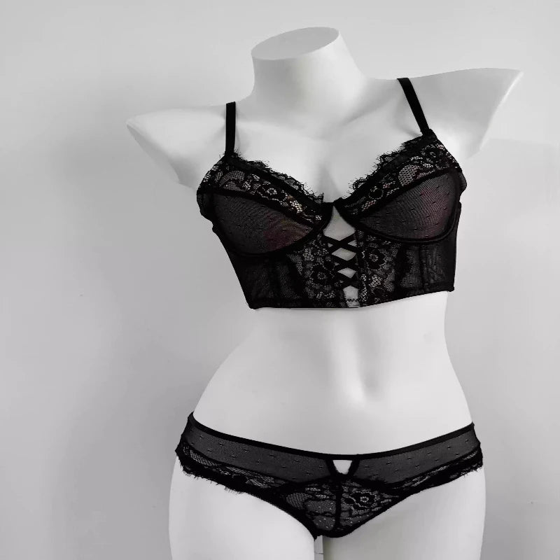Französische Spitze Push-Up-Dessous-Set Frau dünner Bügel-BH, durchsichtige geraffte Chemise, weich, zierlich, kleine Oberweite S-XL Hot Sale