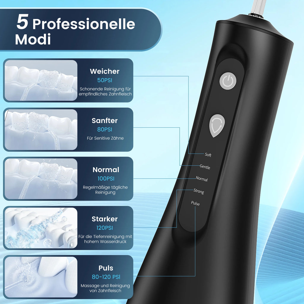 Sejoy Elektrische Wasserflosser Munddusche Wiederaufladbar Tragbar Dental 5 Modi Wassertank Zähne 300ML Wasserdichter Reiniger