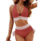 Sexy tiefer V-Ausschnitt Bikini Set Damen 2026 Sommer Strand mit Brustpolster Bademode High Waist Kordelzug Triangel Bikini