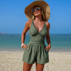 Damen Einteiliger Badeanzug Hohe Taille Bauchkontrolle Bademode mit Taschen Hochelastisch 2026 Neue Strandmode Strandbadeanzug