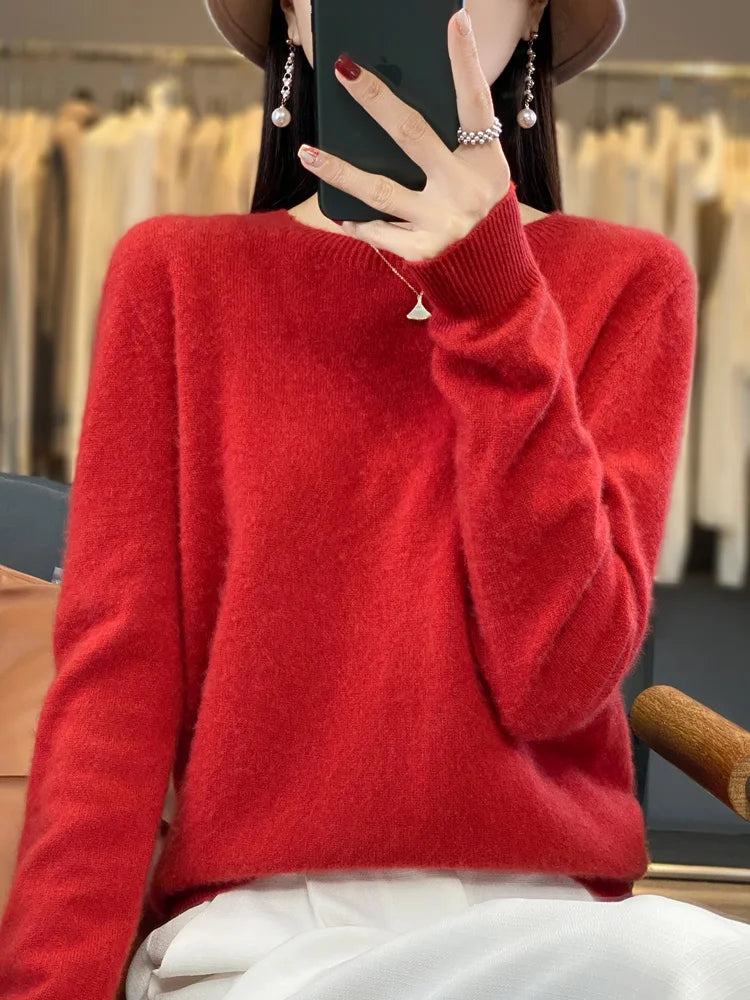 100 % Merinowolle Pullover Damen O-Ausschnitt Kaschmir Strickwaren Female Pullover Herbst Winter Freizeit Oberteile Einfarbig Weiche Kleidung
