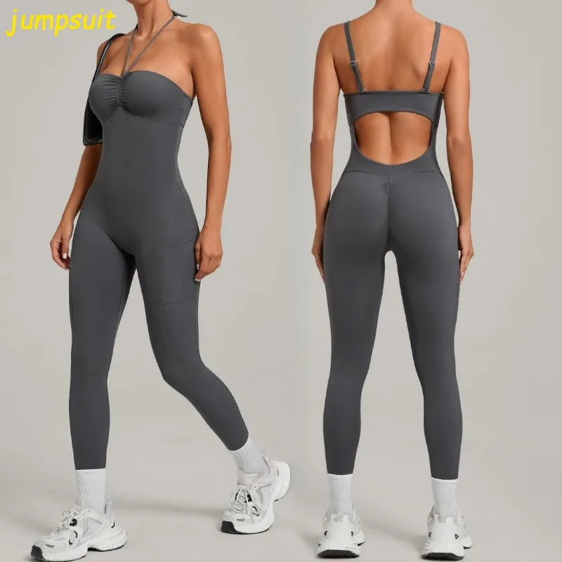 Damen Yoga Jumpsuits Sport Fitness Einteiler Schönheits-Rückengurt Tasche Hüfthebend Slim Fit Laufen Workout Training Bodysuit
