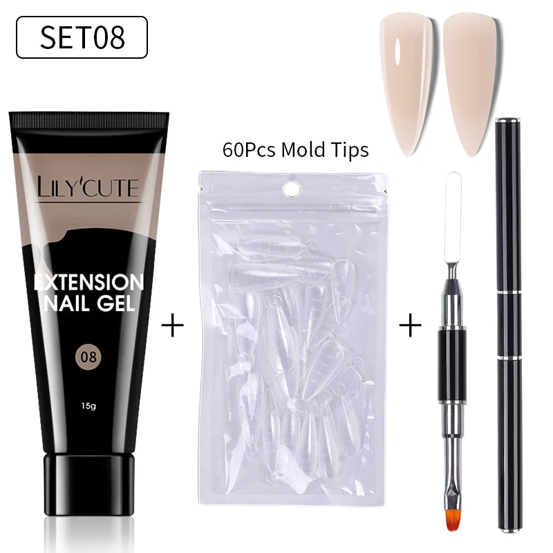 LILYCUTE 15ml Verlängerungsgel-Nagellack-Set Quick Nail Prolong mit Verlängerungsform-Nagelspitzen Acryl-Lösung Maniküre-Werkzeug-Kit