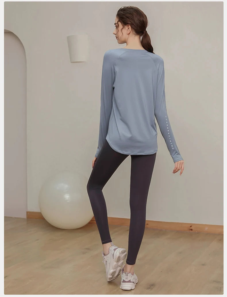 Lockere, schnell trocknende Sportoberteile, Damen-Langarmshirts, Yogabekleidung, atmungsaktive Lauf- und Fitnessbekleidung, figurformend