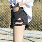 Summer Side Spike Damen-Denim-Shorts 2021 Mode Loose Holes High Waist Jeans High Street Weite Beine Dünne Shorts Damen Hosen