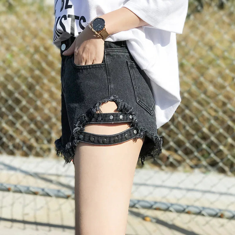 Summer Side Spike Damen-Denim-Shorts 2021 Mode Loose Holes High Waist Jeans High Street Weite Beine Dünne Shorts Damen Hosen