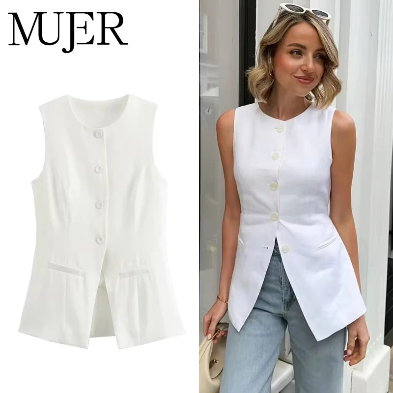 DAMEN 2025 Weiß Ärmellose Weste Damen Knopf Sommerwesten für Damen Jacke Rosa Weste Top Damen Streetwear Damen Maßgeschneiderte Weste Hauptbild