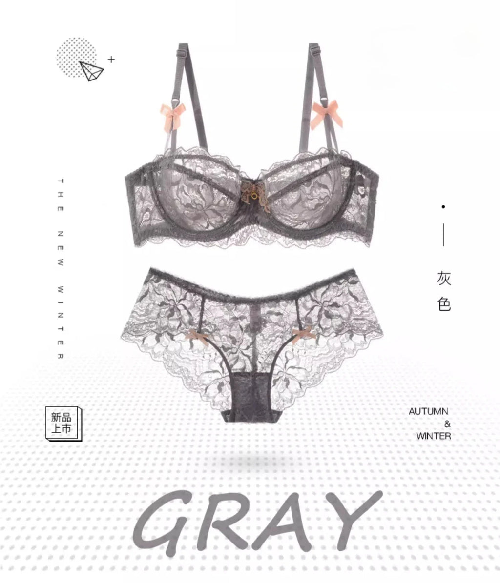 MOYISU Sommer-Dessous-Set, transparenter französischer Spitze, Minimizer-BH, Slip, ultradünn, sexy Damenunterwäsche, großer Busen, sexy Po & Höschen