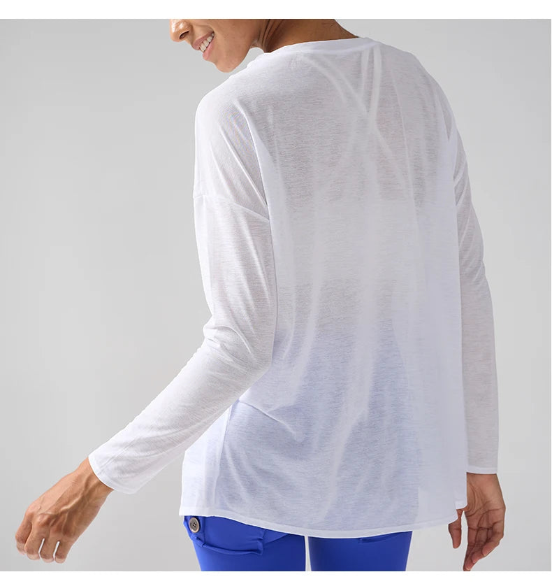 Mode Damen Atmungsaktive Lockere Schnelltrocknende Langarm Yoga Shirts Schlankmachende Seitenschlitze Freizeit Laufen Fitness Radfahren Oberteile
