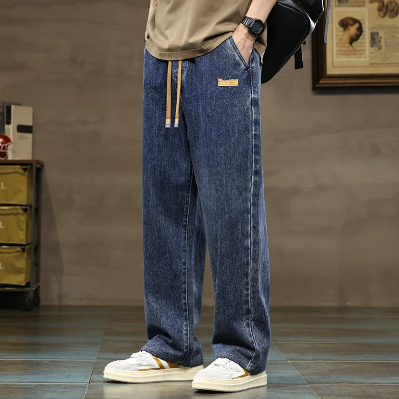 Herren Straight Leg Blau Grau Loose Y2K Tunnelzug Jeans Streetwear Lässige Weite Denim Hose Herren Baggy Stylishe Harajuku Hose Hauptbild