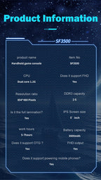SF3500 Retro Handheld Videospielkonsole Linux System 5,0 Zoll 854*480 IPS Bildschirm 3000mAh Tragbarer Pocket Video Player Spiele