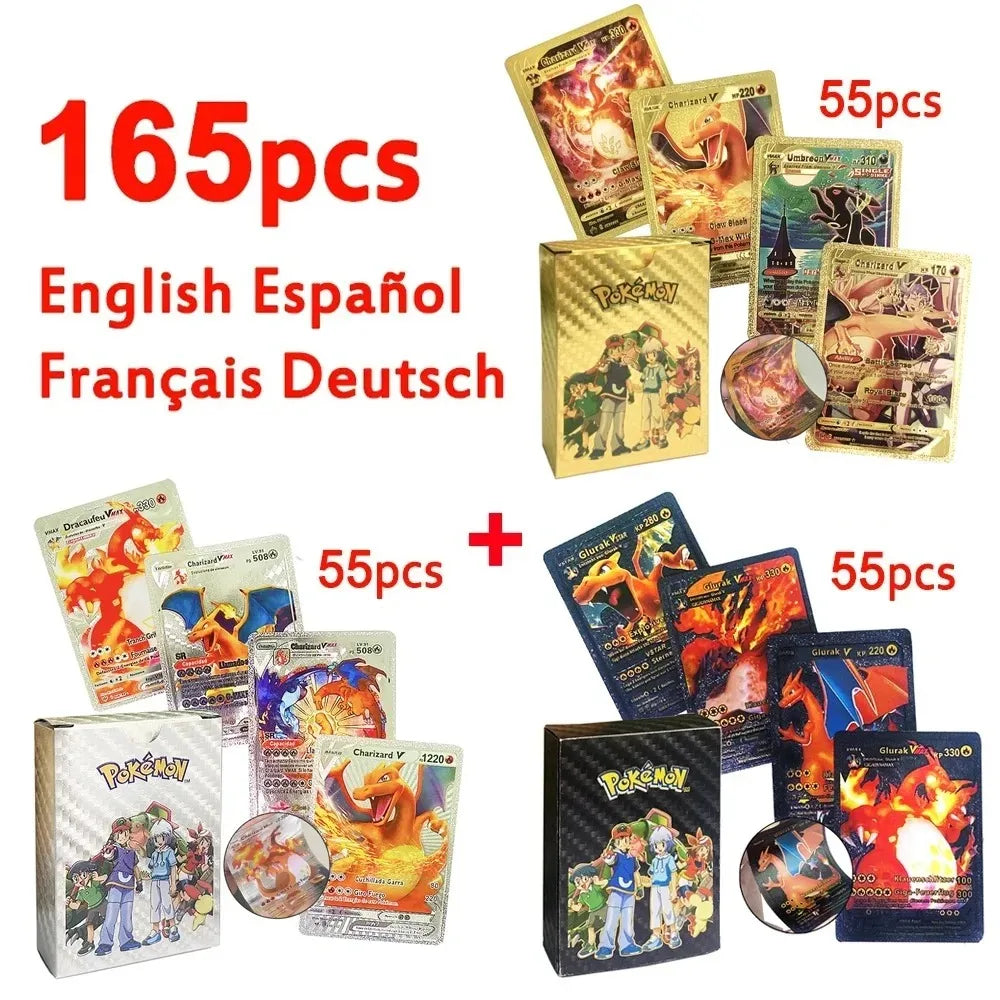 30-165 Stück Gold Pokemon Bunte Kartenset Schwarz Vmax Vstar Silber GX Box Pikachu Carta Glurak Deutsch Französisch Spanisch Spielkarten