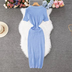 YuooMuoo 2026 Neu eingetroffen Damen Strick Maxikleid Elegant V-Ausschnitt Einreihiges Pulloverkleid Büro Dame Vestidos
