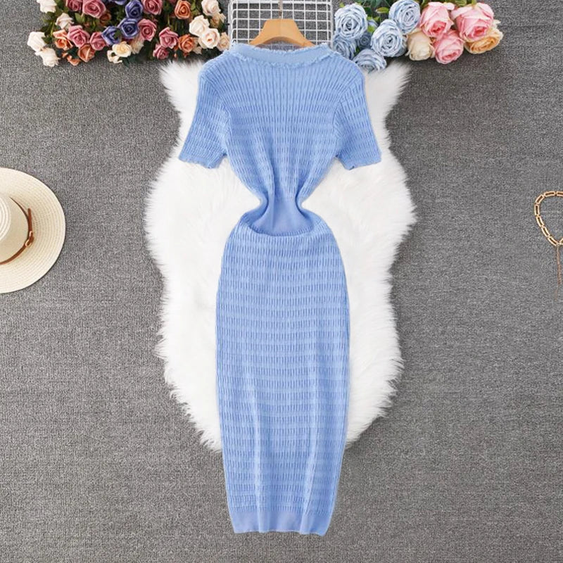 YuooMuoo 2026 Neu eingetroffen Damen Strick Maxikleid Elegant V-Ausschnitt Einreihiges Pulloverkleid Büro Dame Vestidos
