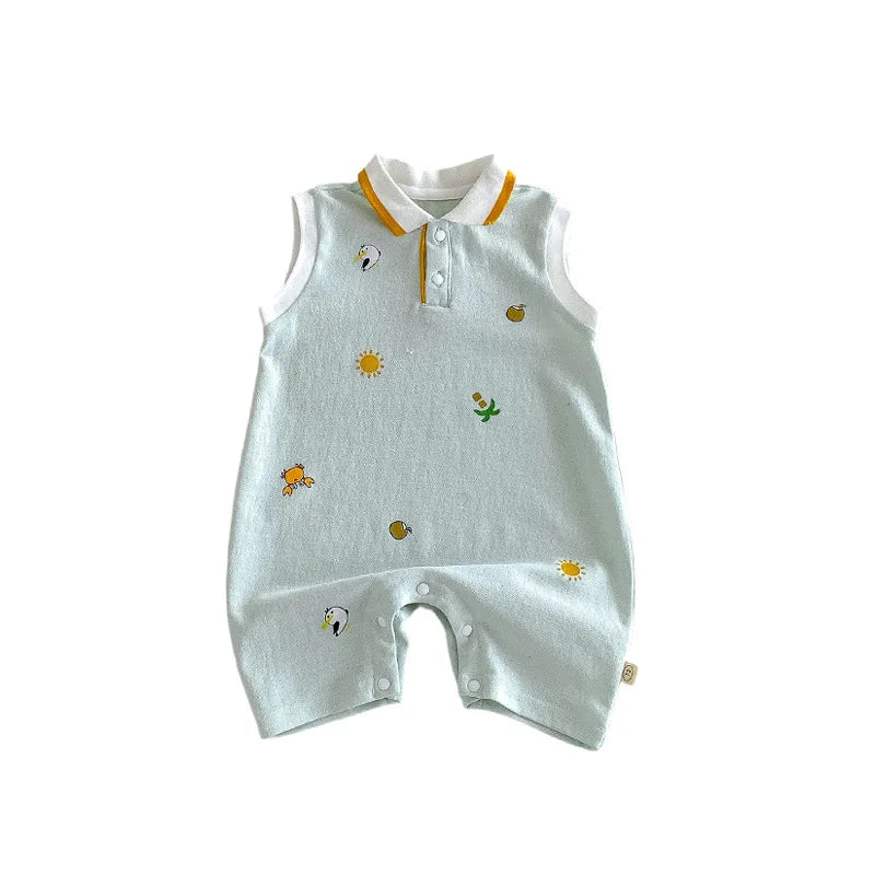 2026 Neue Sommer-Babykleidung 0-2 Jahre Cartoon-Print Ärmelloser Polo-Strampler Atmungsaktives Mesh-Gewebe mit Knopfleiste und Druckknopfverschluss
