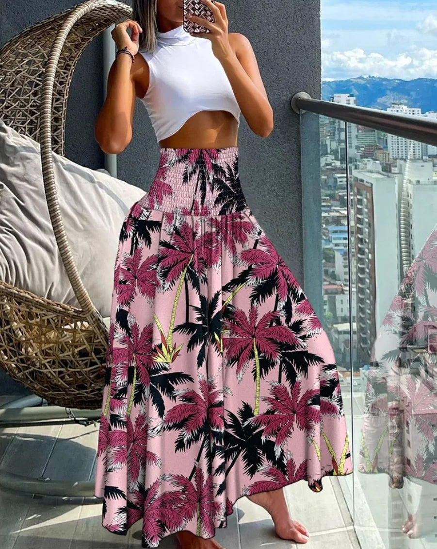 Mode Baumwolle Damen Blumenmuster Rock Seitliche Krawatte Strandröcke Sommer High Waist Wickel Blumen Langer Rock