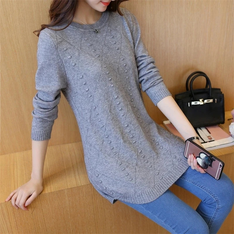Strickpullover Herbst Winter Oberteile Rundhals Langarm Pullover Legere Warme Damenpullover Midi Lang Schmaler Pullover Mädchen