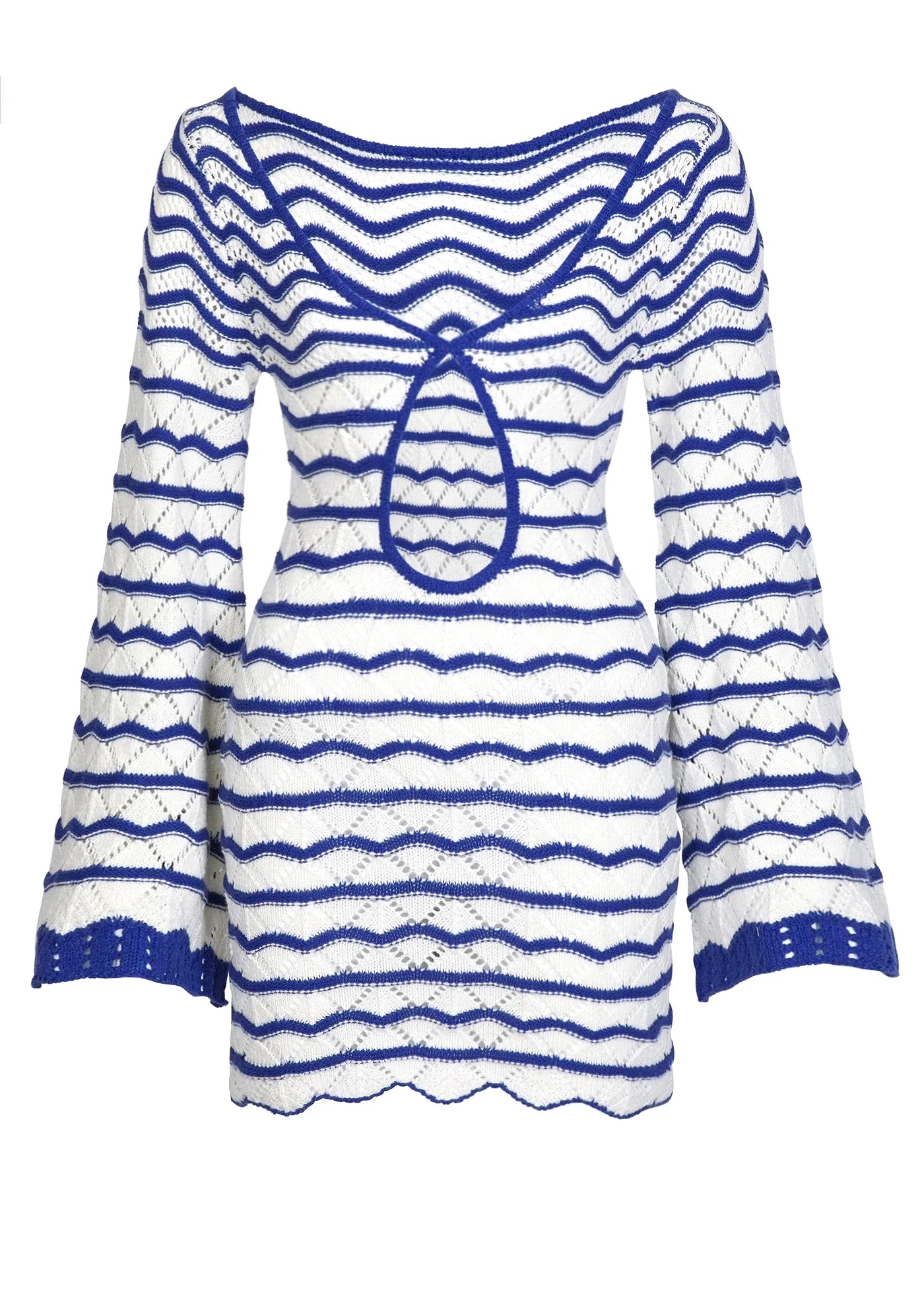 Sexy Boho Striped Chic V-neck Cut Out Bell Sleeve Knit Beach Mini Dress 2026 Summer Women Seaside Holiday Swimsuit Cover Up K123