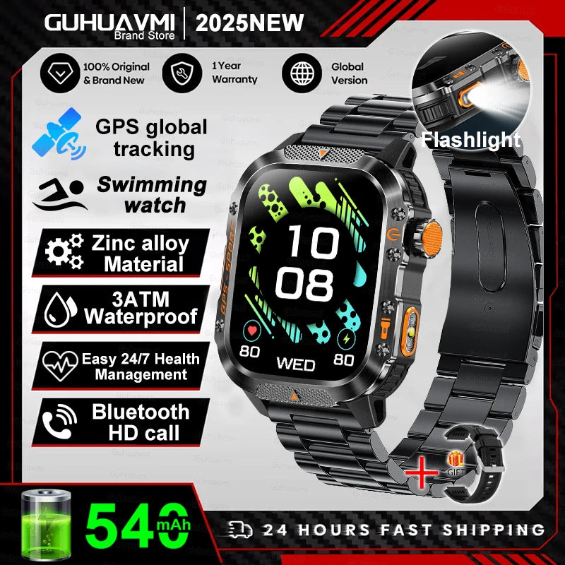 2025Neue GPS Smartwatch für Xiaomi IOS Militärkompass Taschenlampe Smartwatch Herren 10ATM Wasserdicht 100+Sportmodi BT Anruf Uhr