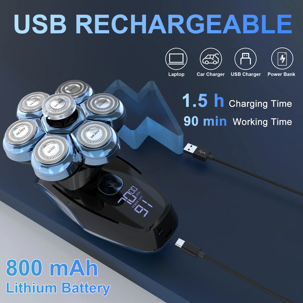 Sejoy 6-in-1 7D Kopfrasierer für Glatzen Elektrorasierer mit Nasenhaartrimmer Wasserdichtes Multifunktionales Herrenpflege-Set