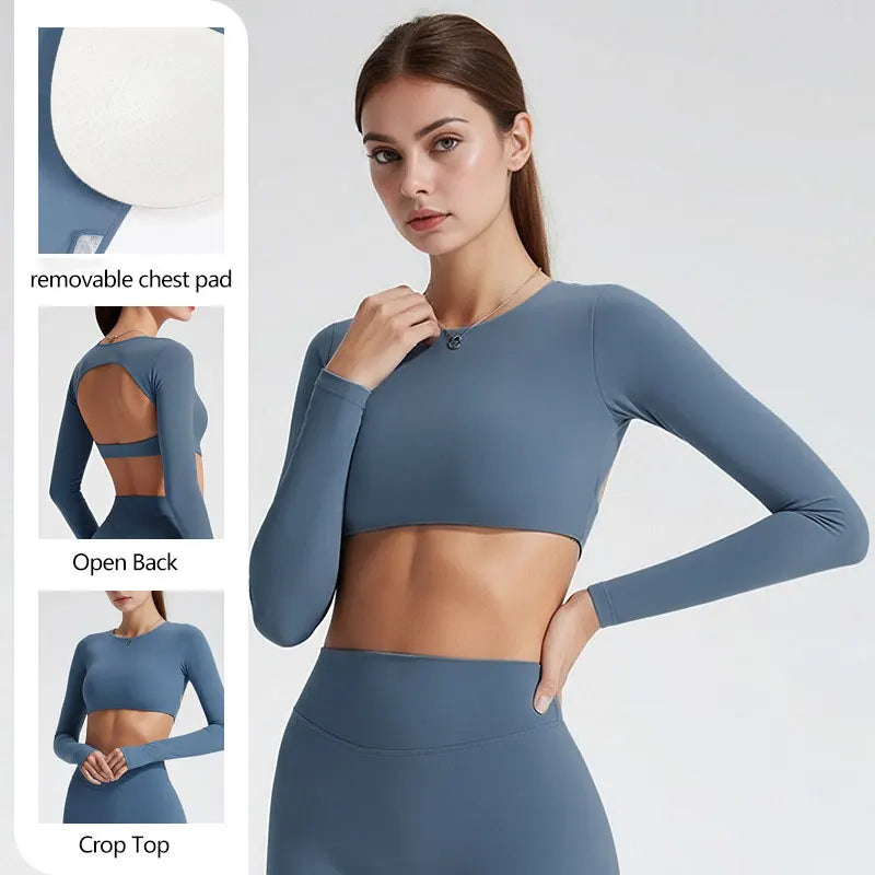 NCLAGEN Sport-Oberteile Gym Damen Fitness T-Shirt Langarm Offener Rücken Pilates Yoga Gepolstertes Crop Top Laufen Workout Fitness Bluse