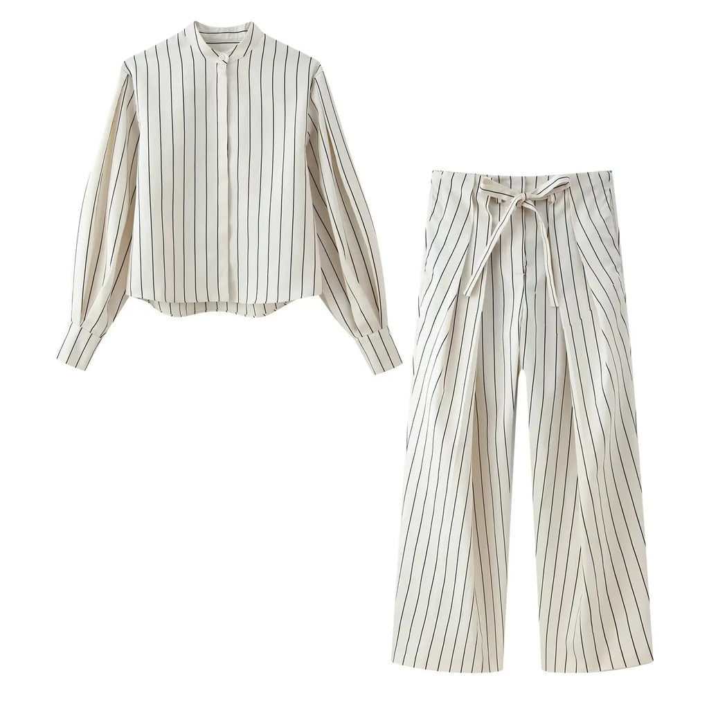 HH Damen Frühling Neue Mode Vintage Vielseitige Beige Gestreifte Puffärmel-Shirt + Hochtaillierte Lockere Plissierte Lässige Lange Hose Set