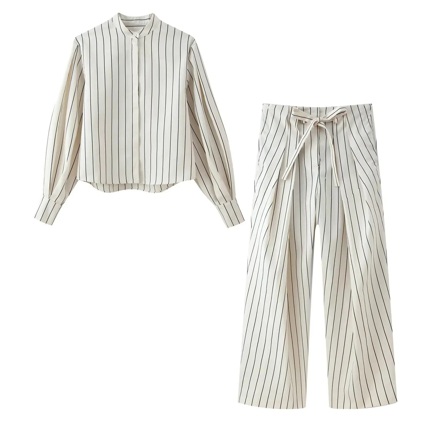 HH Damen Frühling Neue Mode Vintage Vielseitige Beige Gestreifte Puffärmel-Shirt + Hochtaillierte Lockere Plissierte Lässige Lange Hose Set
