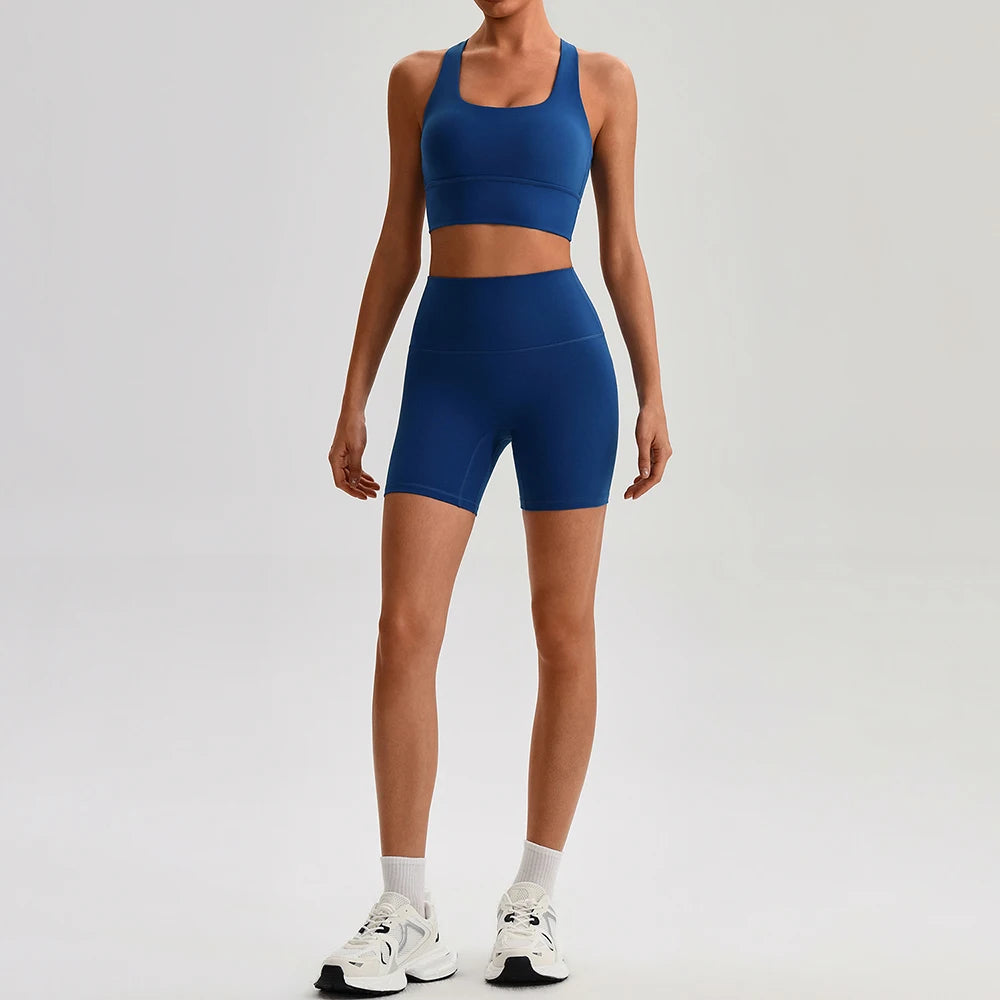 Buttery Soft Nylon Yoga Set Crisscross Back Sports Bra High Waist Biker Shorts 2 Piece Gym Set Workout Outfit Women Activewear