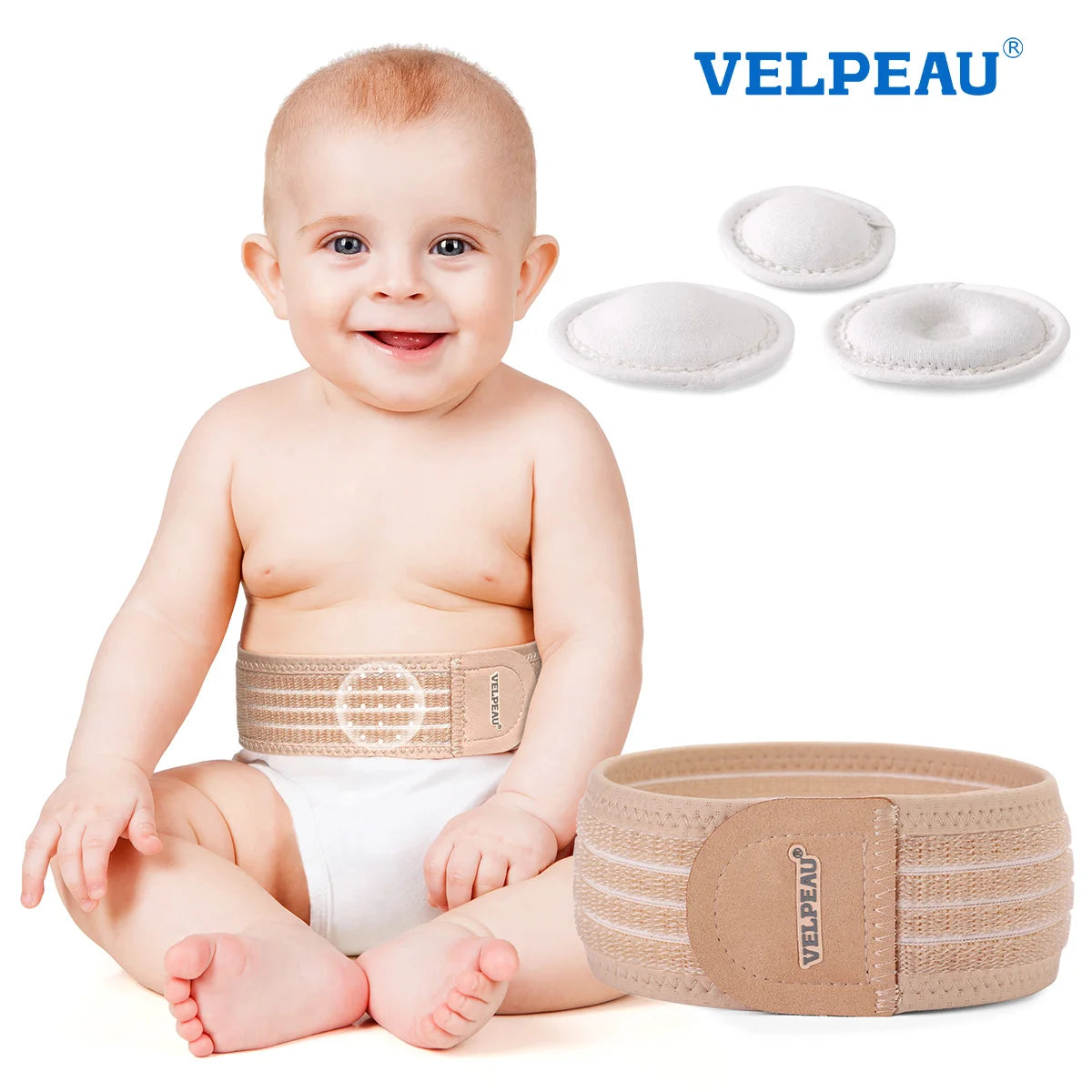VELPEAU Baby Nabelbruchgürtel, Neugeborenen-Nabelband mit 3 Kompressionskissen, Bauchgurtunterstützung für Säuglinge