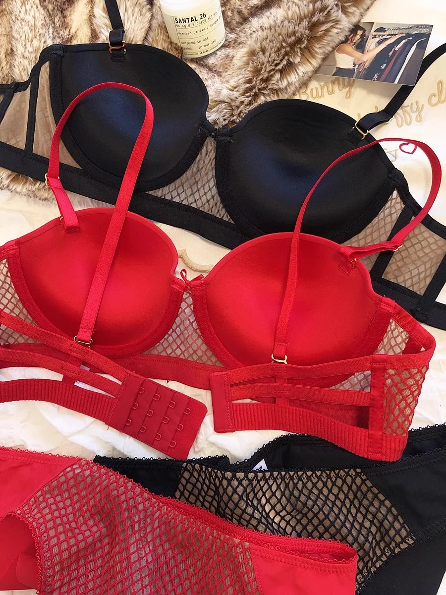 Mesh-Spitzenunterwäsche Damen Sexy kleiner Busen Push-Up-Dessous für Frauen BH-Sets Rot Weiß Hochzeitsmädchen Dicke Intimates BCD