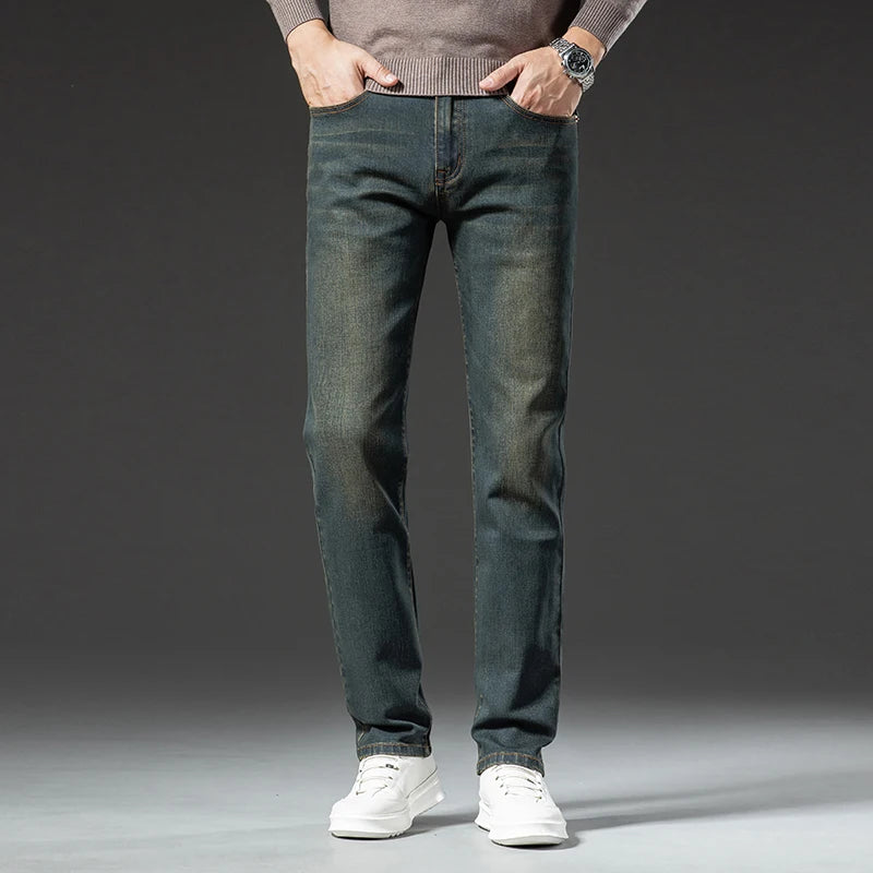 Hochwertige Winterjeans Herren Warme Fleece Verdickte Elastische Denim Hose Fashion Straight Elastische Retro Plüsch Samthose