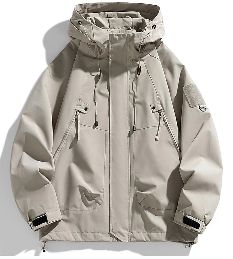 Windbreaker Herren Kapuzenjacke Reißverschluss Mantel Cargo Wasserdicht Schwarz Bomber Camping Loose Dünn Softshell Kapuzen-Wanderjacke