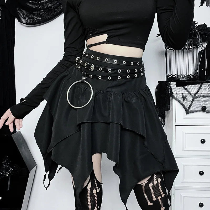Sommer-Fashion Kurze Röcke Neue sexy Damen Gothic Punk Irreguläre Röcke Einfarbig Tunnelzug zum Binden Geraffte Rüschen Minirock Hauptbild