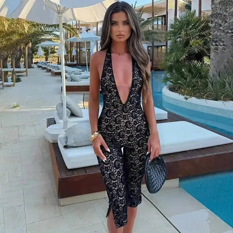 Avrilyaan Spitze Sieben-Punkte-Hose Bodycon Sexy Party Tiefer V-Ausschnitt Playsuits Damen Strampler Damen Jumpsuit 2025 Sommer Overalls