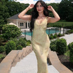 Kryptografischer Sommer Blumenmuster Plunge Maxikleid Outfits Sexy rückenfreie Feen Sonnenkleider Urlaub Strandmode Vestido Coquette