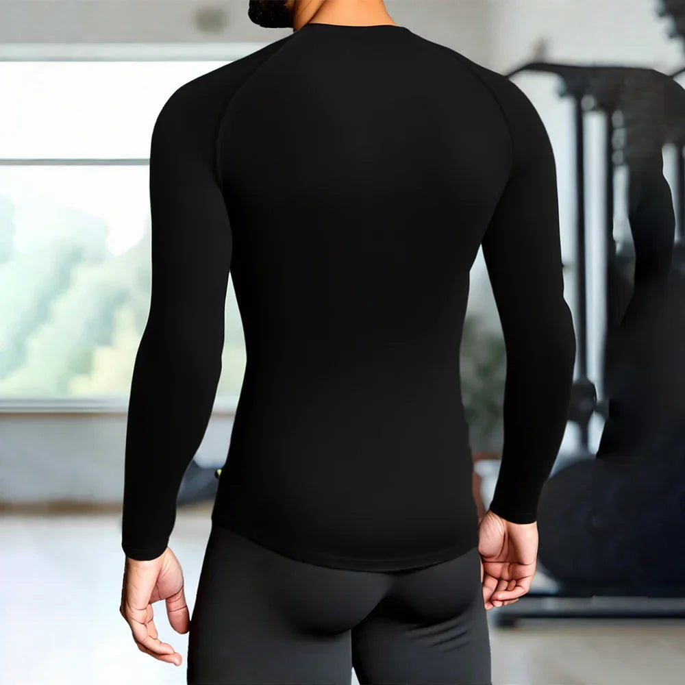 Herren Kompressions-Langarmshirt Schwarz Fitness-T-Shirt Männer Laufen Schnelltrocknend Gym-Top Sonnenschutz Sport-Baselayer
