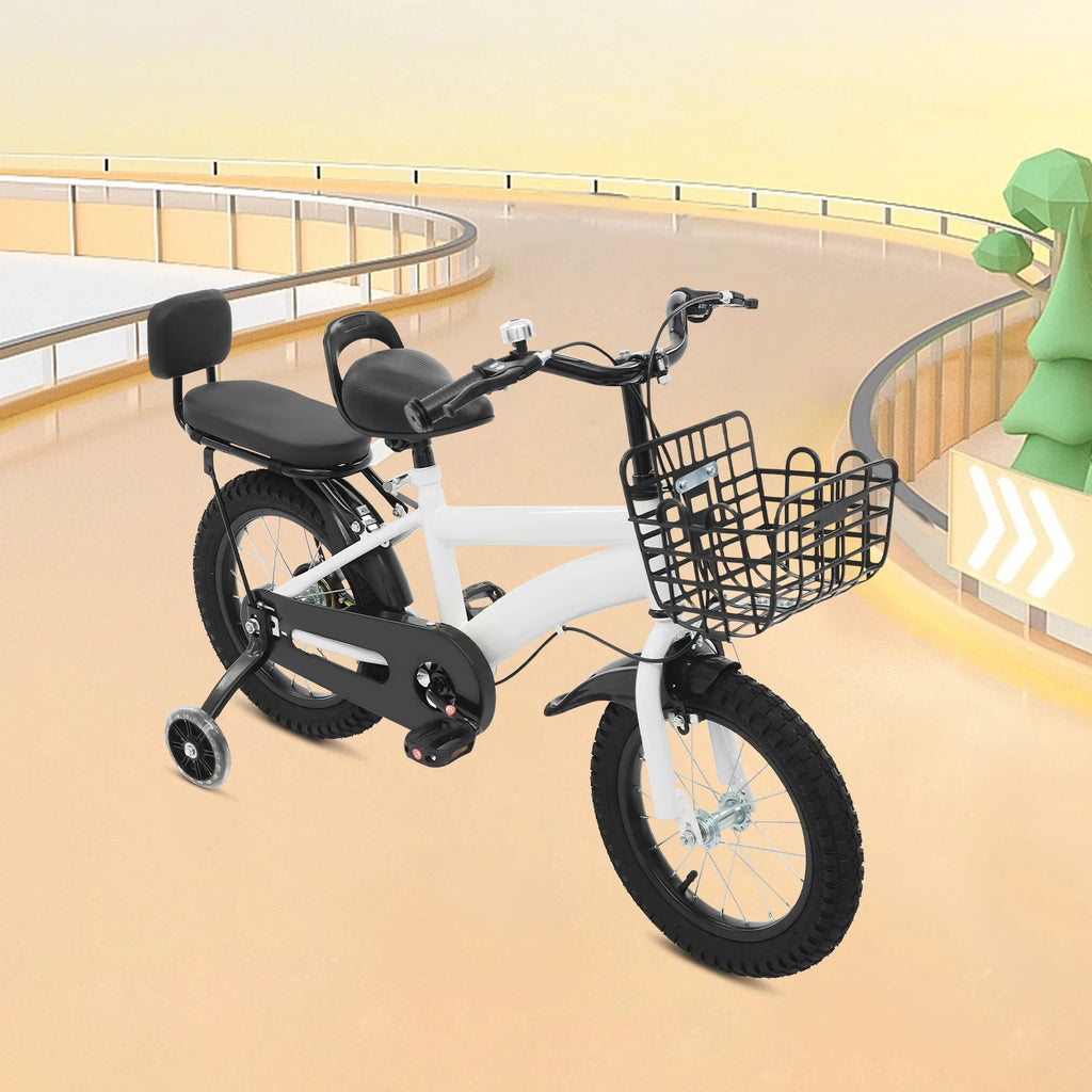 14" Kinderfahrrad Verstellbares Kinderfahrrad Belastbarkeit 60kg mit Stützrädern+Korb+Rückenlehne Rücksitz für 3-7 Jahre (Weiß/Schwarz)