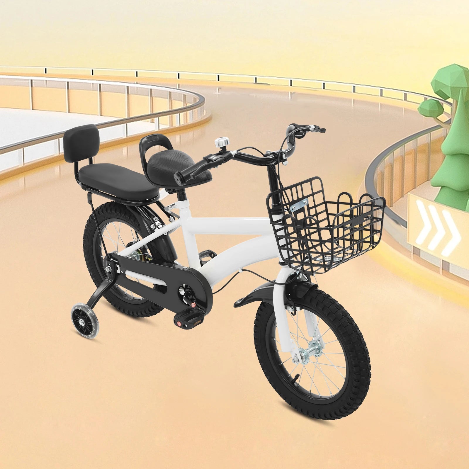 14" Kinderfahrrad Verstellbares Kinderfahrrad Belastbarkeit 60kg mit Stützrädern+Korb+Rückenlehne Rücksitz für 3-7 Jahre (Weiß/Schwarz)